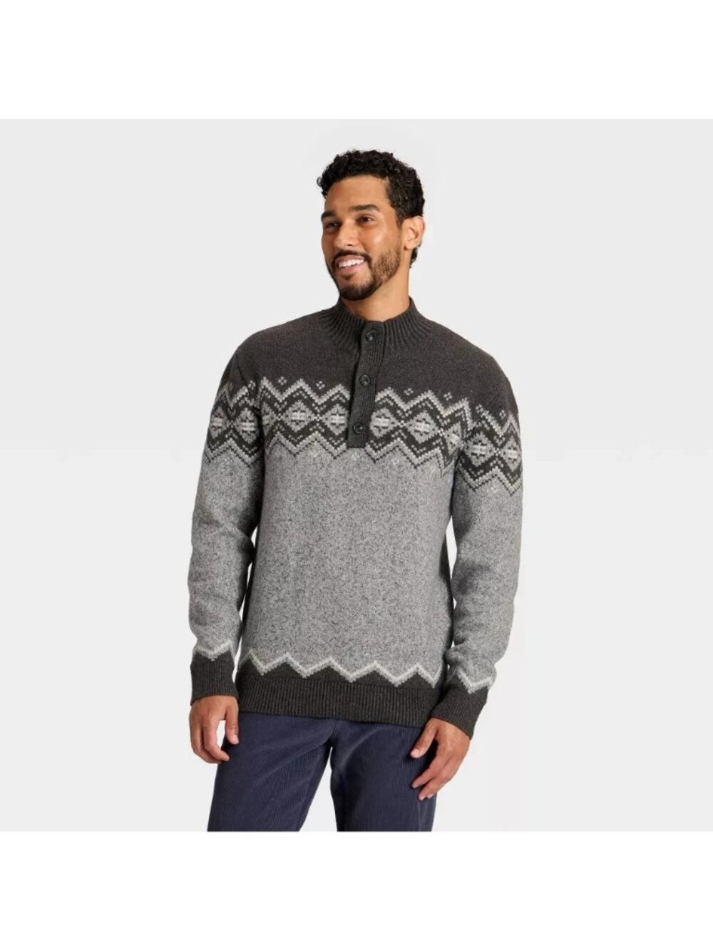 Men's Mock Neck Sweater Goodfellow Size Medium Gray Fair Isle 3 Button NWOT